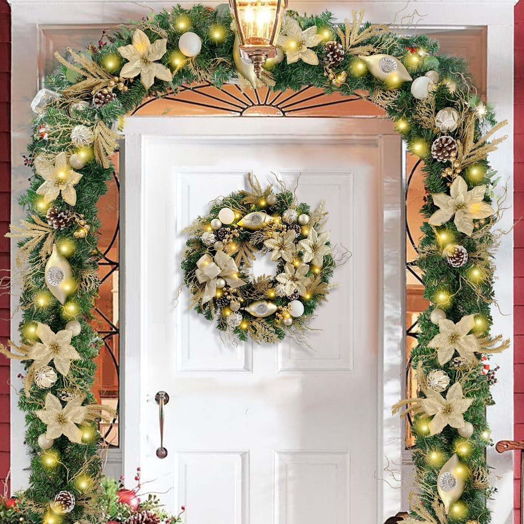 Pre-Lit 24 Inch Champagne Gold Christmas Wreath for Front Door